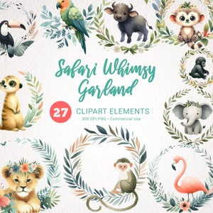 Safari-Tiere-Kranz-Aquarell, Dschungel-Tiere-Kinderzimmer-Dekor-Rahmen PNG, Baby-Dusche-Safari-Clipart