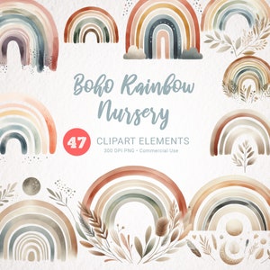 Aquarell Regenbogen Clipart Boho - Kinderzimmer Deko, Baby Shower Art, Neugeborene Clipart für Einladungen & Dekorationen