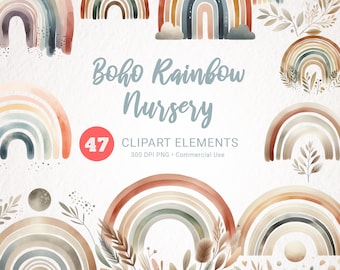 Watercolor Rainbow Clipart Boho - Nursery Decor, Baby Shower Art, Newborn Clipart for Invitations & Decorations