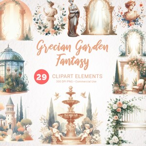Pacote de clipart de jardim de castelo grego de fantasia - rosas vintage, estufa PNG, estátuas gregas, fonte, clipart de aquarela de jardim mágico