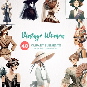 Paquete de imágenes prediseñadas de acuarela de mujeres históricas - 40 imágenes PNG vintage para uso comercial