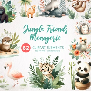 Clipart animaux de la jungle - aquarelles bébés animaux, tigres, singes, éléphants - mignon clipart peint à la main pour décoration de chambre d'enfant et faire-part