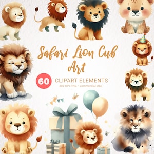 Clipart aquarelle bébé lion - mignon animal de safari PNG pour décoration de chambre d'enfant, baby shower, anniversaire garçon, bébé lion clipart