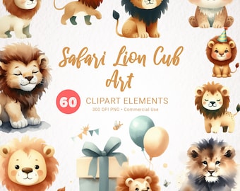 Baby Lion Watercolor Clipart - Cute Safari Animal PNG for Nursery Decor, Baby Shower, Birthday Boy, Baby Lion Clip Art