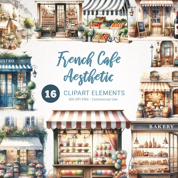 French Cafe Watercolor Clipart Bundle, Cozy Coffee Shop PNG, Aesthetic Restaurant Scrapbooking Clipart, Commercial Use, Trendy Etsy SEO