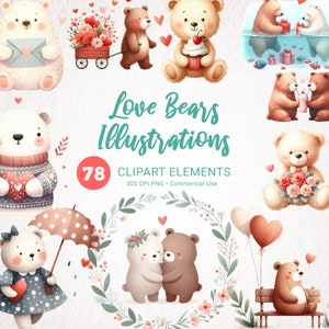 Valentinstag Love Bears Aquarell Clipart - Romantischer Bär PNG, niedliche Valentinstag Clipart, kommerzielle Nutzung, Love Bears Aquarell Grafiken