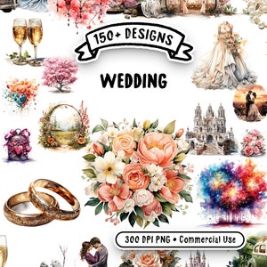 Bruiloft aquarel clipart bundel - 151 transparante PNG-afbeeldingen voor uitnodigingen & decor - Instant Download commercieel gebruik