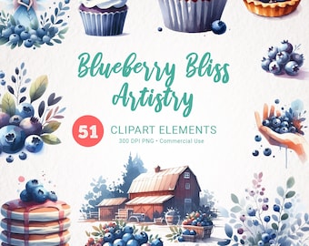 May include: Watercolor clipart set featuring 51 blueberry themed illustrations. Includes a farmhouse, a fairy, a cupcake, a muffin, a pie, pancakes, blueberries, and leafy branches. 300 DPI PNG - Commercial Use.