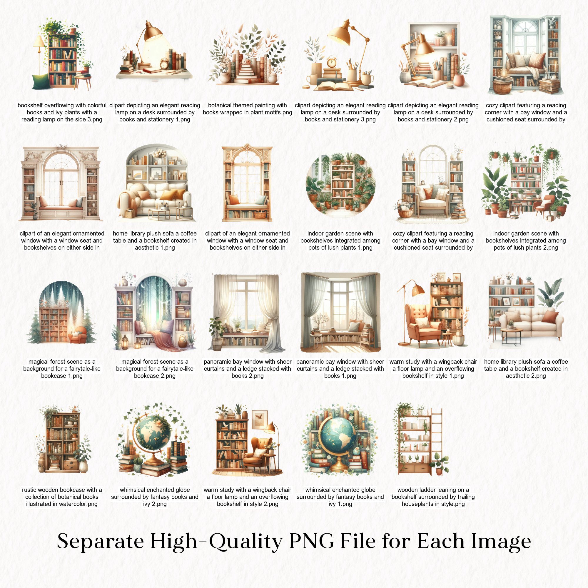 Cozy Home Library Watercolor Clipart Bundle - Bookshelf Bookcase ...