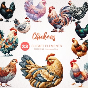 Bundle de cliparts poulets aquarelle - 22 images PNG transparentes HQ, Art des animaux de la ferme pour un usage commercial - téléchargement numérique