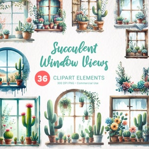 Suculenta acuarela clipart - Cactus flor ventana PNG, descarga instantánea ventana suculenta, flor clipart, ventana acuarela, cactus PNG