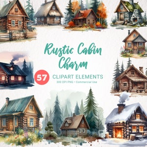 Paquete de imágenes prediseñadas de cabaña de acuarela, casa del bosque, cabaña de troncos en el bosque, imágenes prediseñadas de lugar favorito, casas de descarga instantánea arte de acuarela
