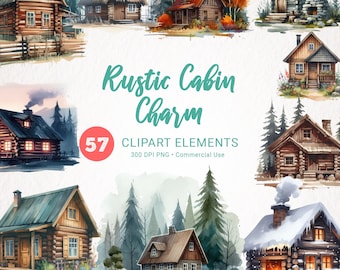 Paquete de imágenes prediseñadas de cabaña de acuarela, casa del bosque, cabaña de troncos en el bosque, imágenes prediseñadas de lugar favorito, casas de descarga instantánea arte de acuarela
