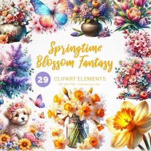 Paquete de imágenes prediseñadas de acuarela de primavera - Flores románticas, PNG floral de fantasía, tulipanes, narcisos, mariposas