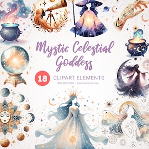 Paquete de imágenes prediseñadas de la Diosa Celestial - Astrología Oculta Mágica Wiccan Scrapbooking, Descarga Instantánea, Reina Celestial de Fantasía, Signo de Estrella