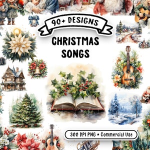 Paquete de imágenes prediseñadas de acuarela de canciones de Navidad - 95 PNG transparentes de alta calidad, ilustraciones navideñas - Descarga digital instantánea