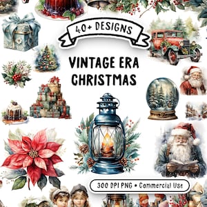 Pacchetto clipart vintage di Natale ad acquerello - 41 PNG di alta qualità, immagini di vacanze vittoriane e retrò per uso commerciale