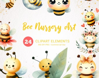 Baby Biene Aquarell Clipart - Kinderzimmer Dekor Clip Art, Babyparty Dekoration, Biene Baby Wandkunst, süße Hummel Illustrationen
