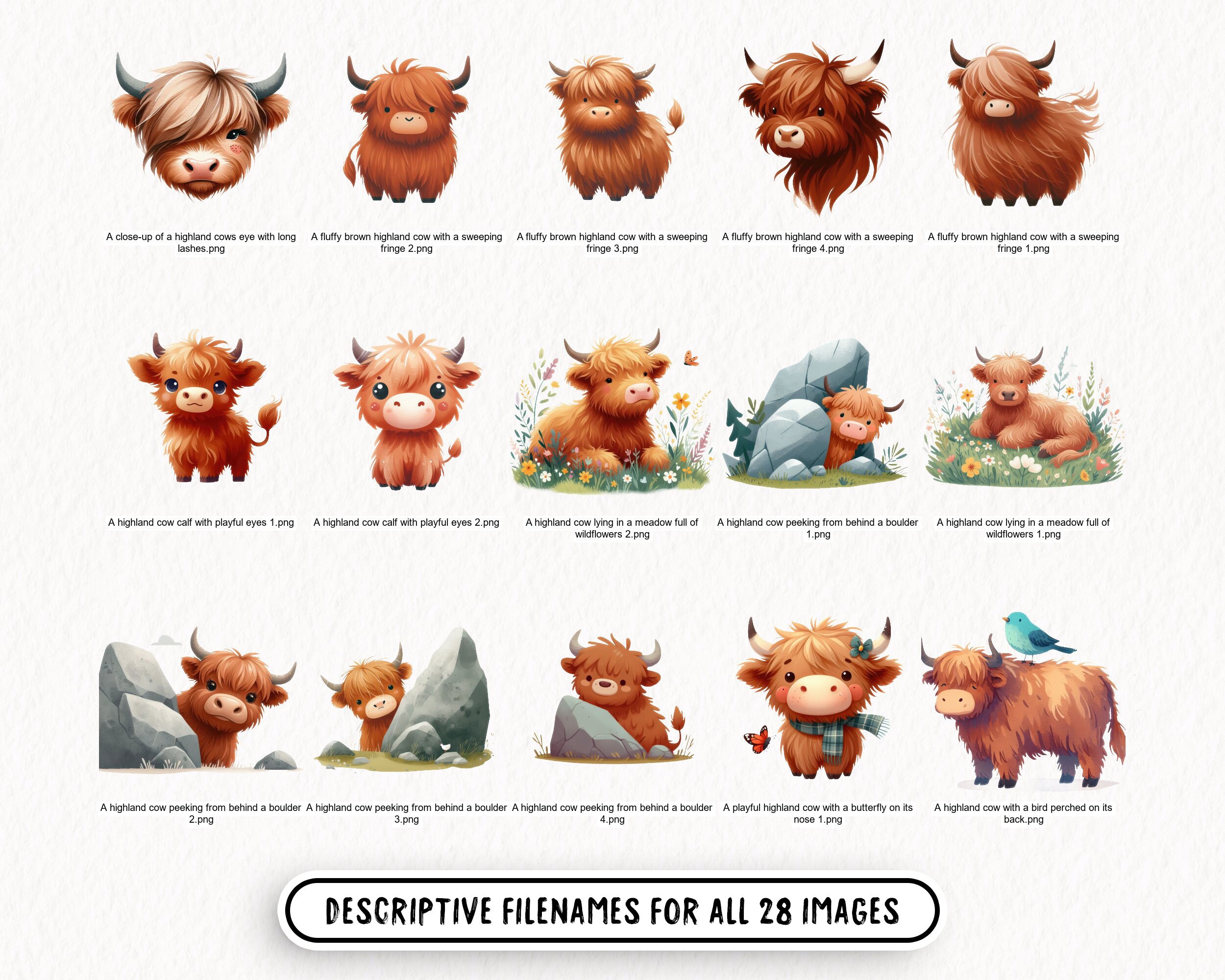 Highland Cow Watercolor Clipart Bundle - 28 Cute Transparent PNG Images ...