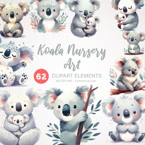 Koala Acuarela Clipart - Lindo Koala PNG para decoración de guardería y baby shower, descarga de ilustración animal