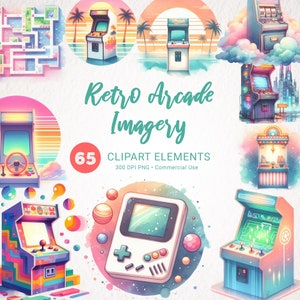 Bundle di clipart acquerello vintage Arcade Machine - estetica cyberpunk al neon pastello, videogioco retrò PNG, clip art futuristico