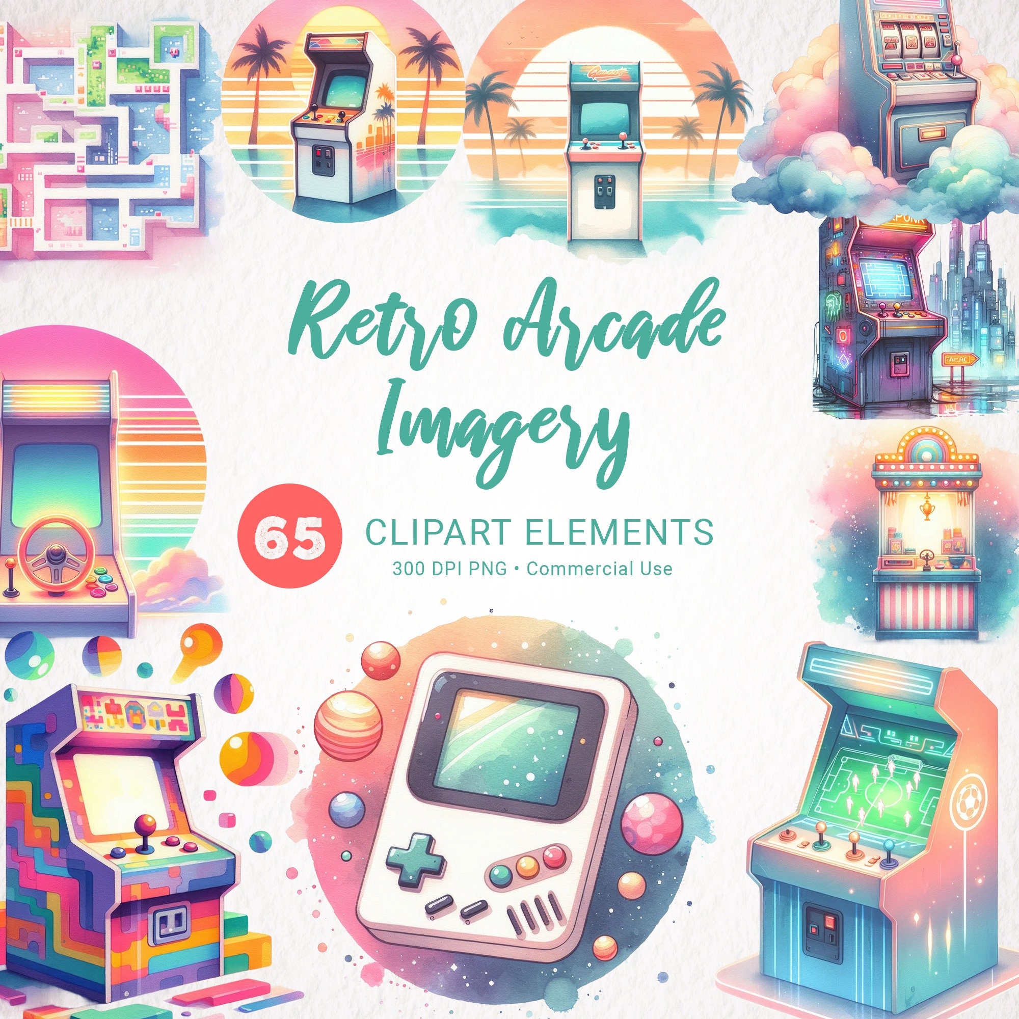 Vintage Arcade Machine Watercolor Clipart Bundle Pastel Neon Cyberpunk ...