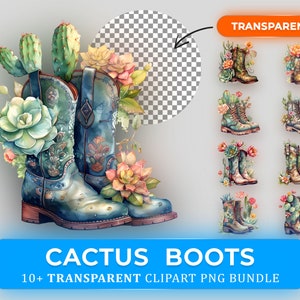 Cute Cactus Boots Clipart Bundle PNG - Convient pour la sublimation - 10+ PNG de haute qualité