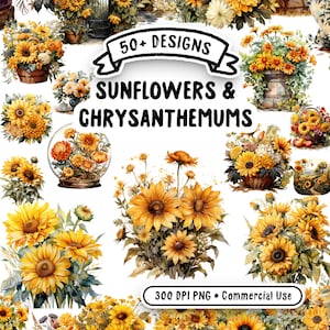 Lot de tournesols et de chrysanthèmes aquarelles - 59 images clipart inspirées des jardins au format PNG transparents à usage commercial