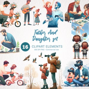 Vater und Tochter Aquarell Clipart Bundle - 16 transparente PNG-Bilder, Familienmomente, digitaler Download für kommerzielle Nutzung