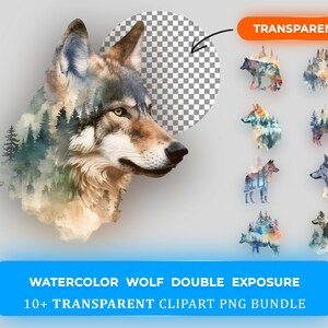 Aquarell Wolf Doppelbelichtung Clipart Bundle - 10+ Hochwertige PNGs