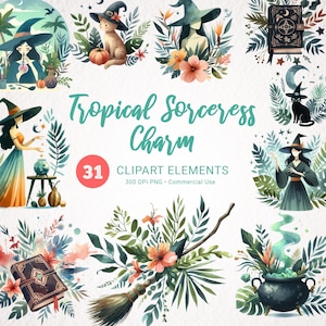 Witch Clipart Tropical Magic - Witches PNG Watercolor, Scrapbook Supplies, Junk Journal Elements, Paper Crafts Scrapbooking Digital Download