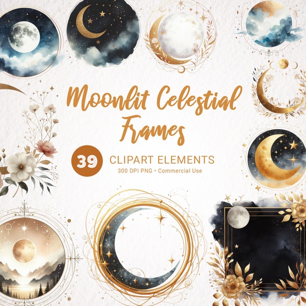 Vintage Moon Watercolor Clipart Bundle - Celestial Frame, Gold Black Stars, Image Border, Dark Aesthetic, Vintage Label Clipart