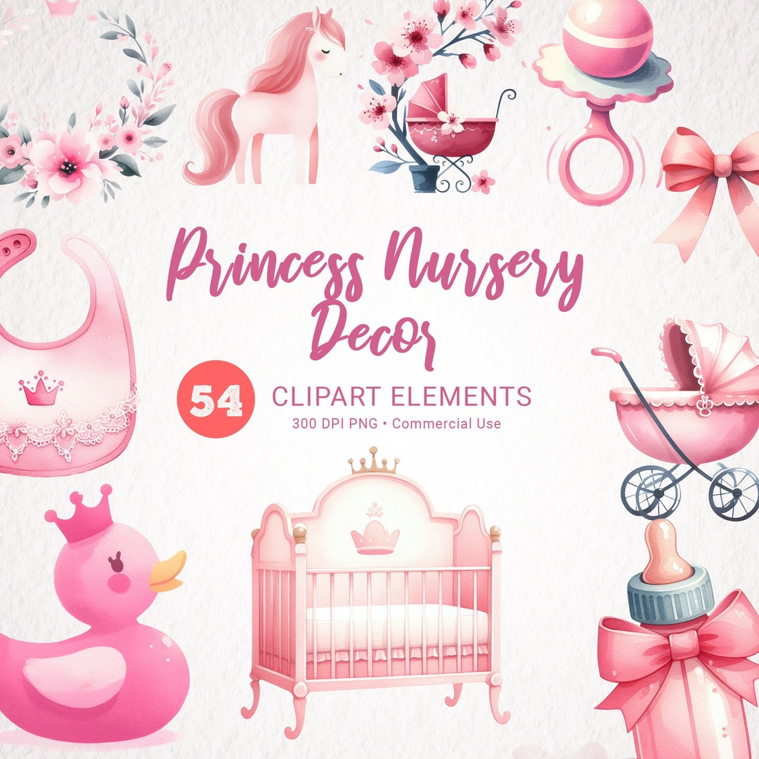 Baby Girl Watercolor Clipart - Nursery Wall Decor, Castle Carriage Swan ...