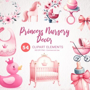 Clipart acquerello per bambina - Decorazione della parete della scuola materna, Carrozza del castello, Cavallo del cigno, Baby Shower PNG, Arte della scuola materna a tema principessa