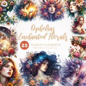 Paquete de imágenes prediseñadas de acuarela inspiradas en Ofelia: fantasía floral, arte vintage femenino, impresionante imágenes prediseñadas clásicas mágicas