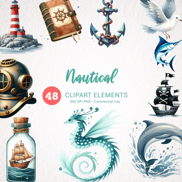 Nautical Watercolor Clipart Bundle - 48 High-Quality Sea Theme PNGs - Transparent Images for Digital Download, Commercial Use