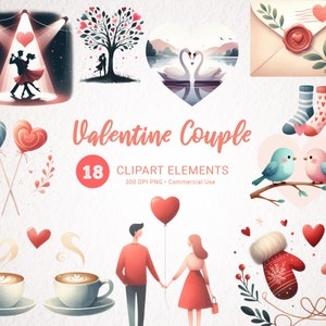 Valentine paar aquarel clipart bundel - 18 romantische liefde PNG-afbeeldingen, hoge kwaliteit, Instant Download voor commercieel gebruik