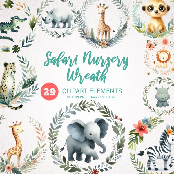 Safari Animals Wreath Watercolor - Jungle Frame PNG Nursery Decor - Baby Shower Safari Clipart