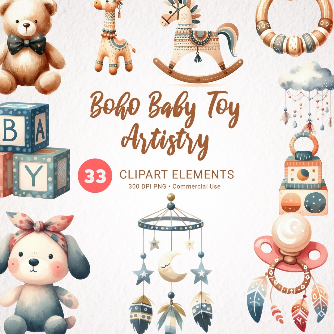 Boho Baby Shower Watercolor Clipart, Baby Toys PNG Files, Newborn Kids ...