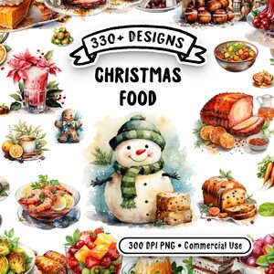 Clipart acquerello cibo natalizio - 332 PNG Mega Bundle, immagini natalizie trasparenti per uso commerciale, download istantaneo
