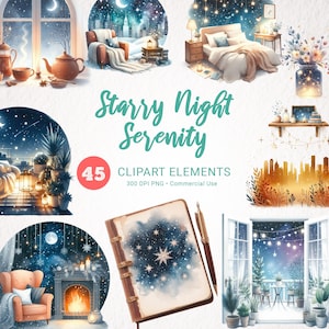 Pacote de clipart Starry City Nights - Estética aconchegante de inverno, adesivos de diário vintage, flores de vela transparentes, decoração de cama noturna