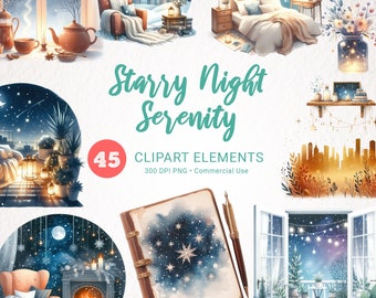 Puede incluir: Un conjunto de 45 ilustraciones digitales de clipart con un tema de noche estrellada. Las ilustraciones incluyen una variedad de escenas, como un dormitorio con una cama, una ventana con vista a un horizonte de la ciudad, una chimenea con fuego y un libro con un diseño de cielo estrellado. Las ilustraciones son perfectas para crear proyectos digitales, como tarjetas de felicitación, invitaciones y gráficos para redes sociales.