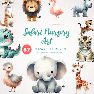 Clipart di animali da safari ad acquerello – Decorazione da parete per cameretta degli animali della giungla – Baby shower neutro Simpatici animali PNG – Clipart della giungla per la cameretta dei bambini