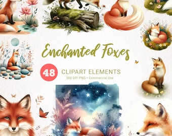Füchse Clipart Bundle - Aquarell niedlichen schlafenden Fuchs, Wiese, Wald, Frühling Natur, Blumen mit Mohnblumen Clipart
