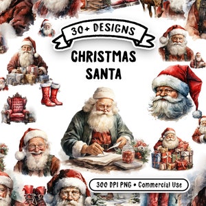 Pacote de clipart de aquarela de Papai Noel de Natal - 34 imagens PNG, cenas festivas de Papai Noel, alta qualidade, transparente, uso comercial, download digital