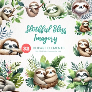 Süße Faultiere Aquarell Clipart - Tropische Tiere Kinderzimmer Dekor - Babyparty Faultier ClipArt