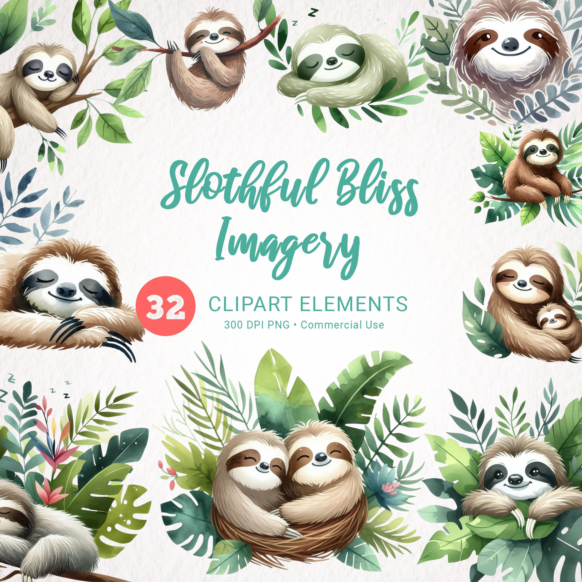 Cute Sloths Watercolor Clipart - Tropical Animals Nursery Decor - Baby Shower Sloth Clip Art