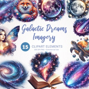 Bundle de cliparts rêve galaxie - aquarelle espace fantastique, étoiles et planètes PNG, éléments de scrapbooking, graphismes magiques de conte de fées
