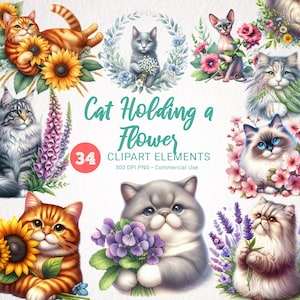 Aquarelle Chats avec fleurs Clipart Bundle - 34 Images PNG, Clipart chat transparent de haute qualité pour un usage commercial, Téléchargement instantané