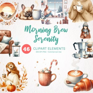 Morning Coffee Girl Clipart Bundle - Cozy Winter Espresso Digital Sticker, Coffee Time PNG, Scrapbooking Transparent Clipart